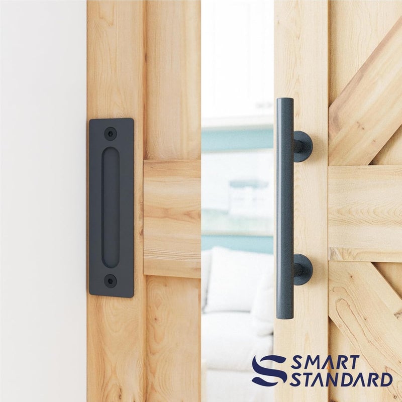 SMARTSTANDARD 5.5 FT Heavy Duty Sturdy Sliding Barn Door Hardware Kit, Black, (Whole Set Includes 1x Pull Handle Set & 1x Floor Guide) Fit 30"-33" Wide Door Panel (I Shape Hanger) - Image 4
