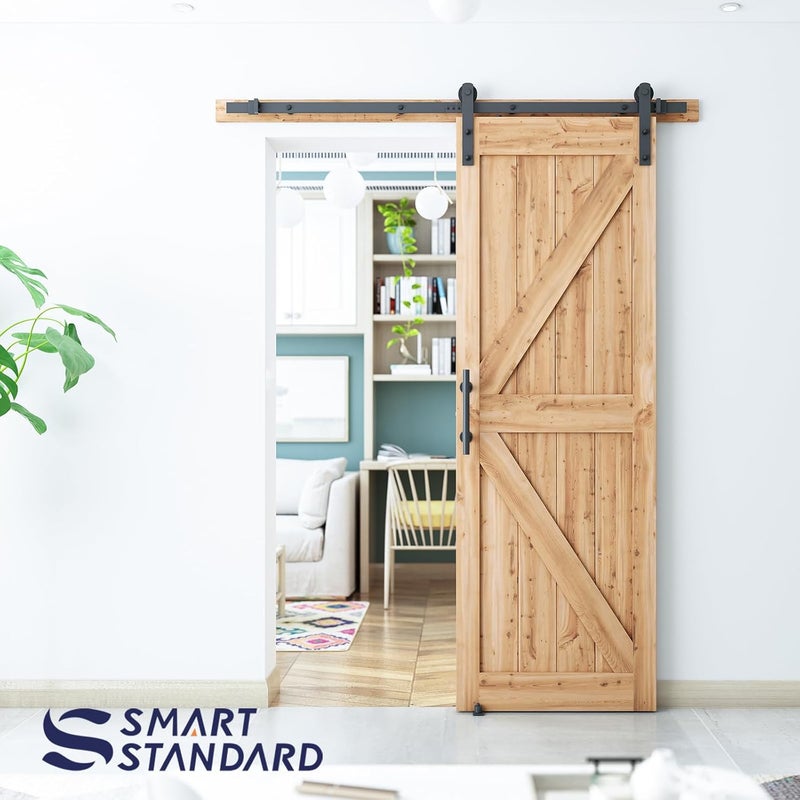 SMARTSTANDARD 5.5 FT Heavy Duty Sturdy Sliding Barn Door Hardware Kit, Black, (Whole Set Includes 1x Pull Handle Set & 1x Floor Guide) Fit 30"-33" Wide Door Panel (I Shape Hanger) - Image 5