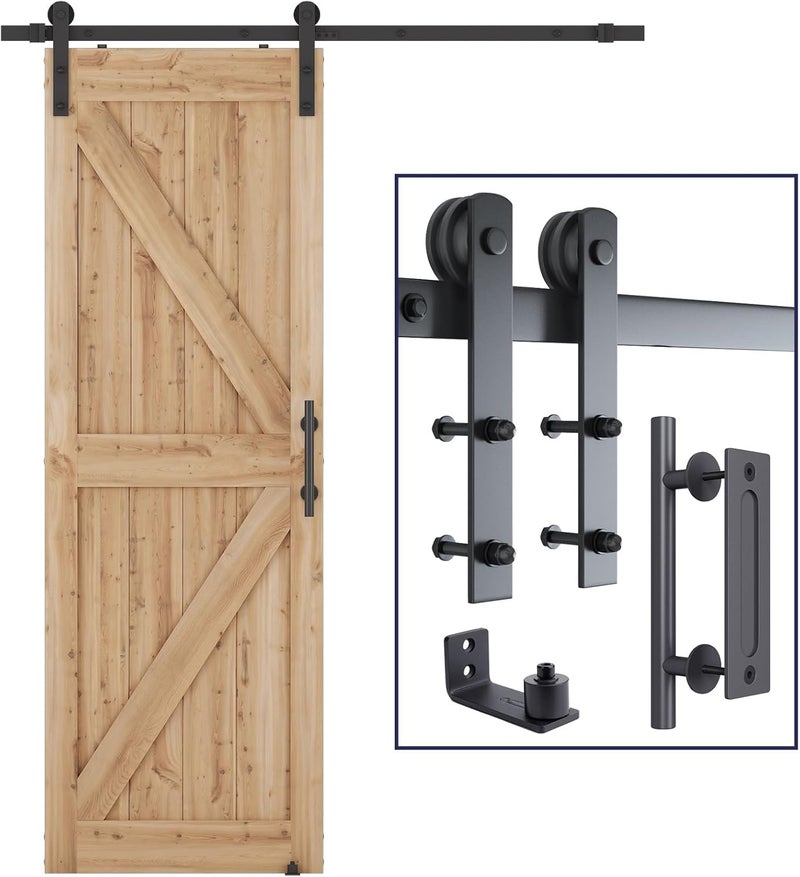 SMARTSTANDARD 5.5 FT Heavy Duty Sturdy Sliding Barn Door Hardware Kit, Black, (Whole Set Includes 1x Pull Handle Set & 1x Floor Guide) Fit 30"-33" Wide Door Panel (I Shape Hanger) - Image 1