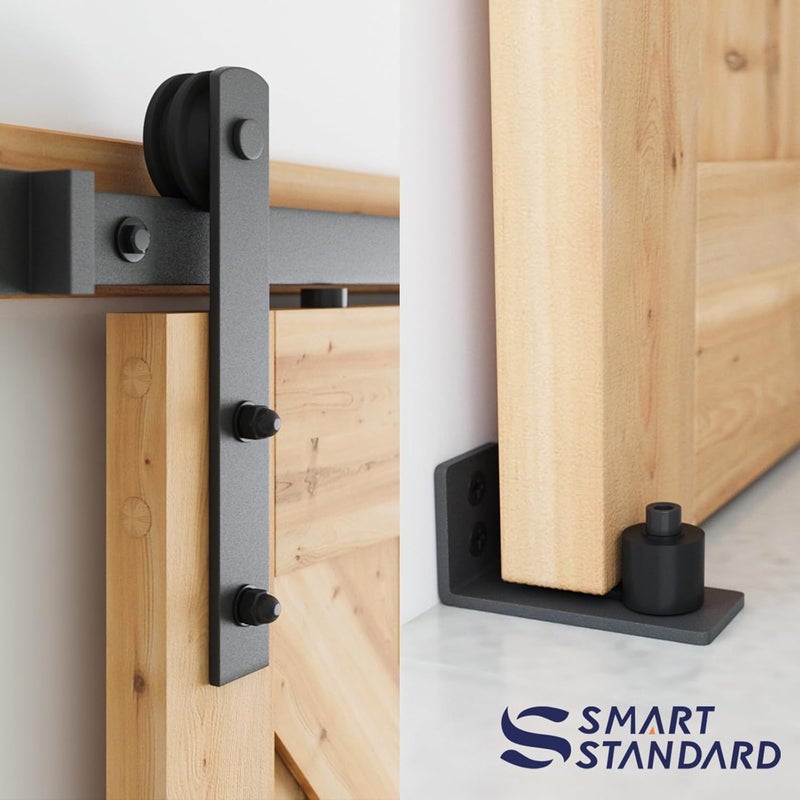 SMARTSTANDARD 5.5 FT Heavy Duty Sturdy Sliding Barn Door Hardware Kit, Black, (Whole Set Includes 1x Pull Handle Set & 1x Floor Guide) Fit 30"-33" Wide Door Panel (I Shape Hanger) - Image 3