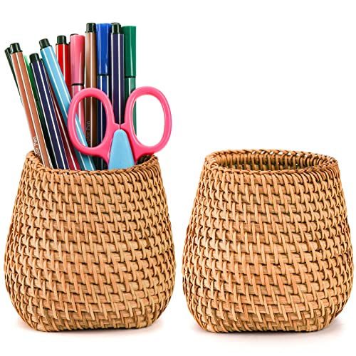 Hacaroa Set of 2 Rattan Pencil Holder for Desk, Handmade Wicker Pen Cup Cute Boho Desk Organizer, Woven Makeup Brush Holder Utensil Container for Home, Office Table Decor - Image 1