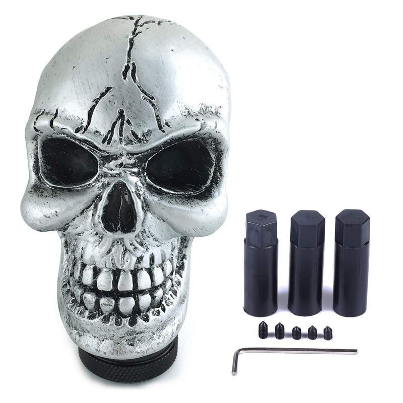 Arenbel Car Gear Lever Grip Knobs Skull Head Racing Shift Stick Manual Shifter Handle Fit Most Auto Manual Vehicles, Silver - Image 1