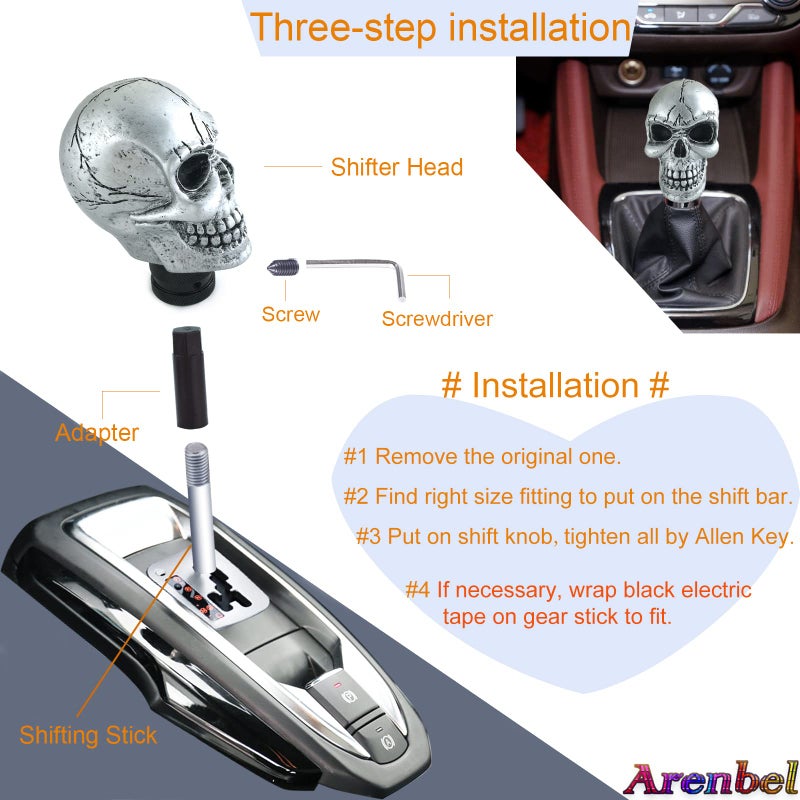 Arenbel Car Gear Lever Grip Knobs Skull Head Racing Shift Stick Manual Shifter Handle Fit Most Auto Manual Vehicles, Silver - Image 4