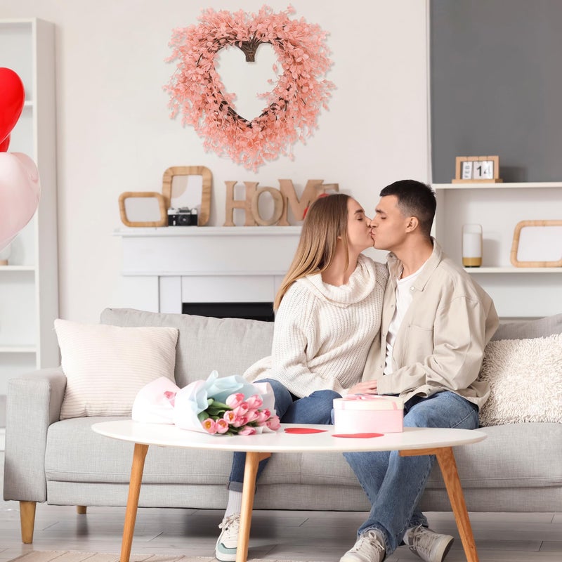 Aneco Valentineâ€™s Day Heart Wreath 18 Inch Pink Artificial Floral Wreath with Ribbon Door Wall Window Hanging Decor for Wedding Anniversary Holiday - Image 5