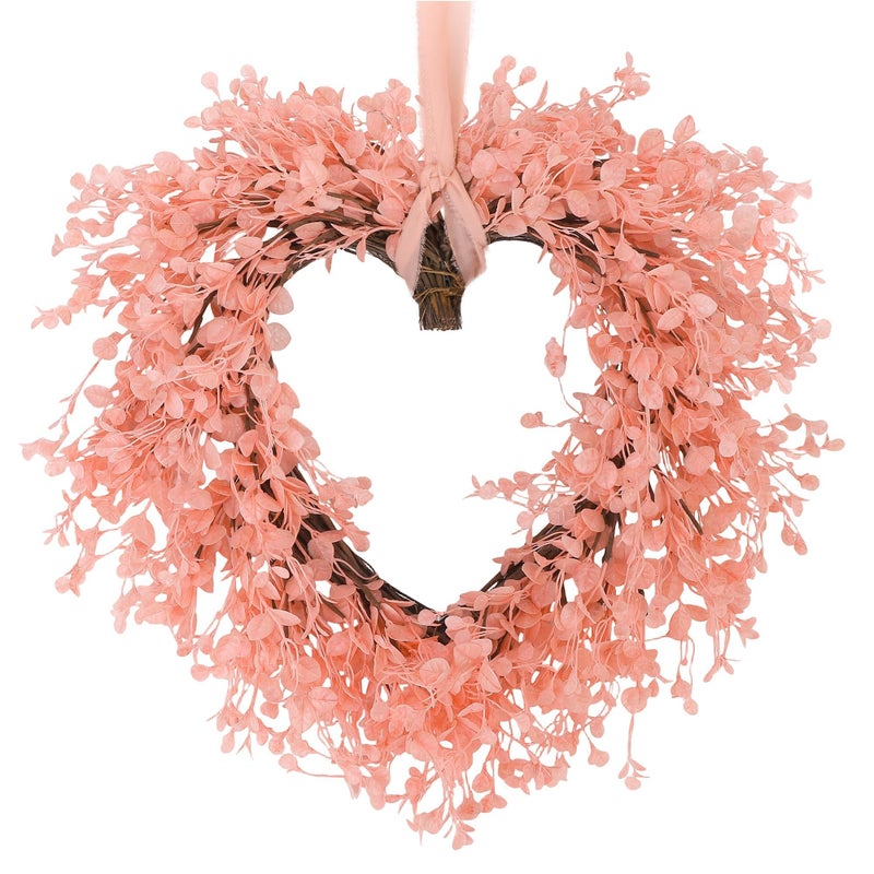 Aneco Valentineâ€™s Day Heart Wreath 18 Inch Pink Artificial Floral Wreath with Ribbon Door Wall Window Hanging Decor for Wedding Anniversary Holiday - Image 1
