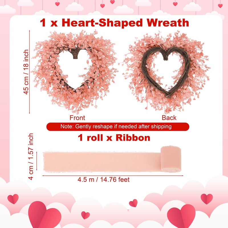 Aneco Valentineâ€™s Day Heart Wreath 18 Inch Pink Artificial Floral Wreath with Ribbon Door Wall Window Hanging Decor for Wedding Anniversary Holiday - Image 2