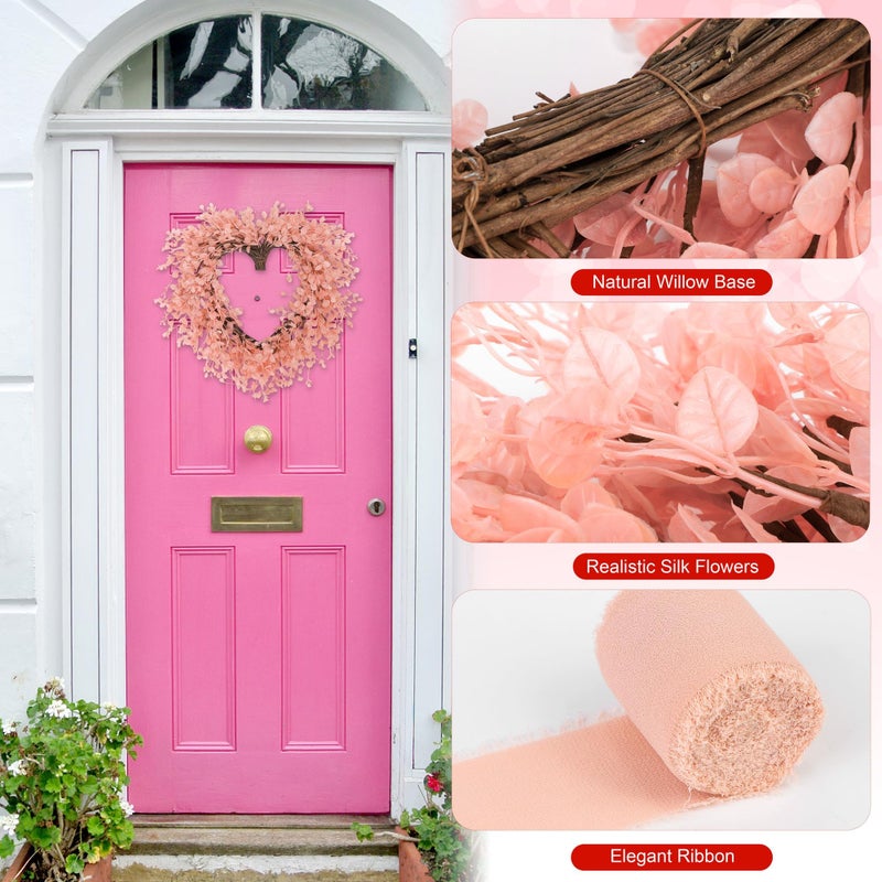 Aneco Valentineâ€™s Day Heart Wreath 18 Inch Pink Artificial Floral Wreath with Ribbon Door Wall Window Hanging Decor for Wedding Anniversary Holiday - Image 3
