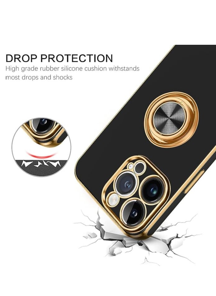 YoYoTech iPhone 15 Pro Max Soft Silicon Shockproof Luxury Gold Lining Case Rotatable Magnetic Ring Holder Kickstand Cover Full Camera Protection  - Image 3