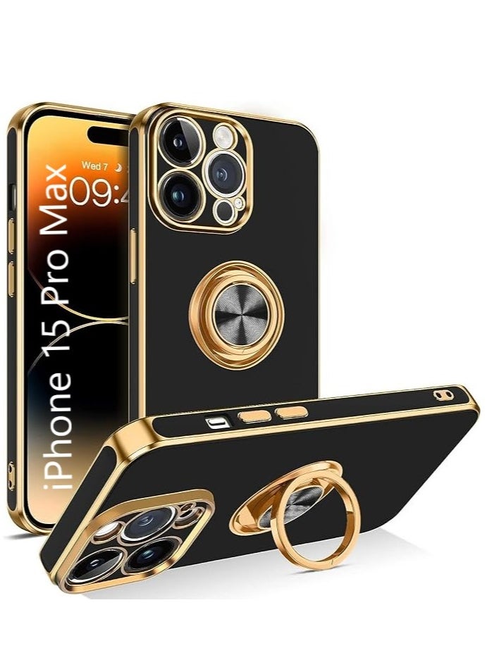 YoYoTech iPhone 15 Pro Max Soft Silicon Shockproof Luxury Gold Lining Case Rotatable Magnetic Ring Holder Kickstand Cover Full Camera Protection  - Image 1