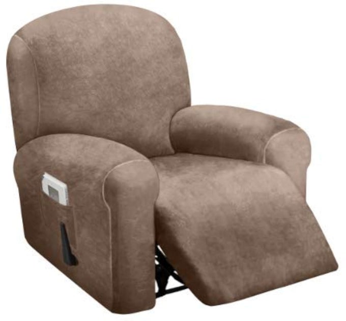 4PIECE 1 SEAT RECLINER COVER VELVET STRETCH RECLINING CHAIR COVERS FOR 1 CUSHION RECLINING SOFA SINGLE SEAT RECLINER COUCH COVER THICK VERY SOFT MACHINE WASHABLE SAND