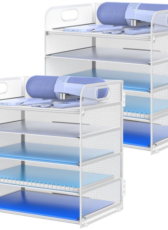 2 Pack Letter Tray Paper Organizer 5-Tier Desk Organizer File Organizer Paper Holder with Handle, Metal Desktop Document Shelf Tray Office Classroom Organization - White