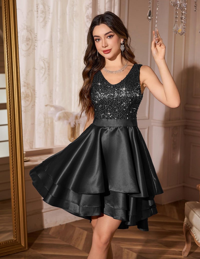 Meetjen Short Formal Sequin Teen Dress for Women High Low Cocktail Prom Dresses Sparkly Fancy A-line Ball Gown Black M - Image 2