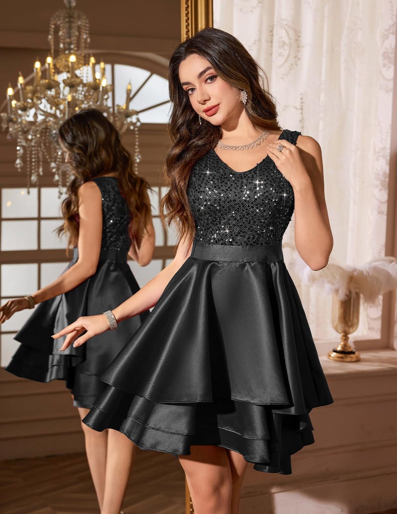 Meetjen Short Formal Sequin Teen Dress for Women High Low Cocktail Prom Dresses Sparkly Fancy A-line Ball Gown Black M - Image 4