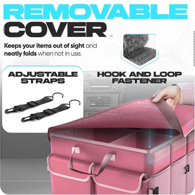 FORTEM Car Boot Organizer with Insulated Bag, Foldable Car Storage Bag, Non-Slip Bottom, Adjustable Compartments, Safety Straps, for All Cars (XL, Pink) - Image 5