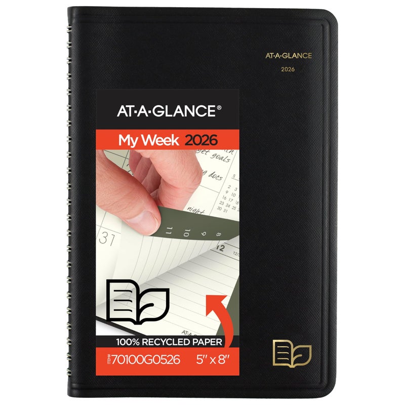 AT-A-GLANCE 2026 Appointment Book Planner, Weekly & Monthly, 5" x 8", Small, Hourly, Recycled, Black (70100G0526) - Image 1