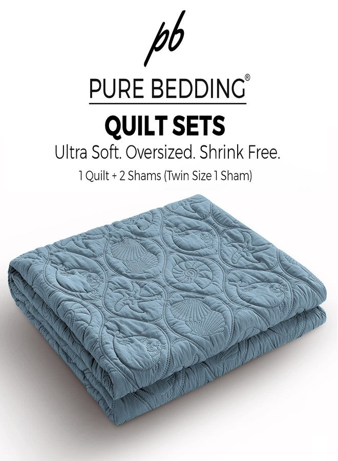 Pure Bedding طقم لحاف بيور بيدينج، مقاس كينج/كاليفورنيا كينج، لون أزرق رمادي - غطاء سرير كبير الحجم - غطاء من الألياف الدقيقة - يتضمن لحافًا واحدًا و2 غطاء وسادة، بنقشة نجمة المحيط - Image 5