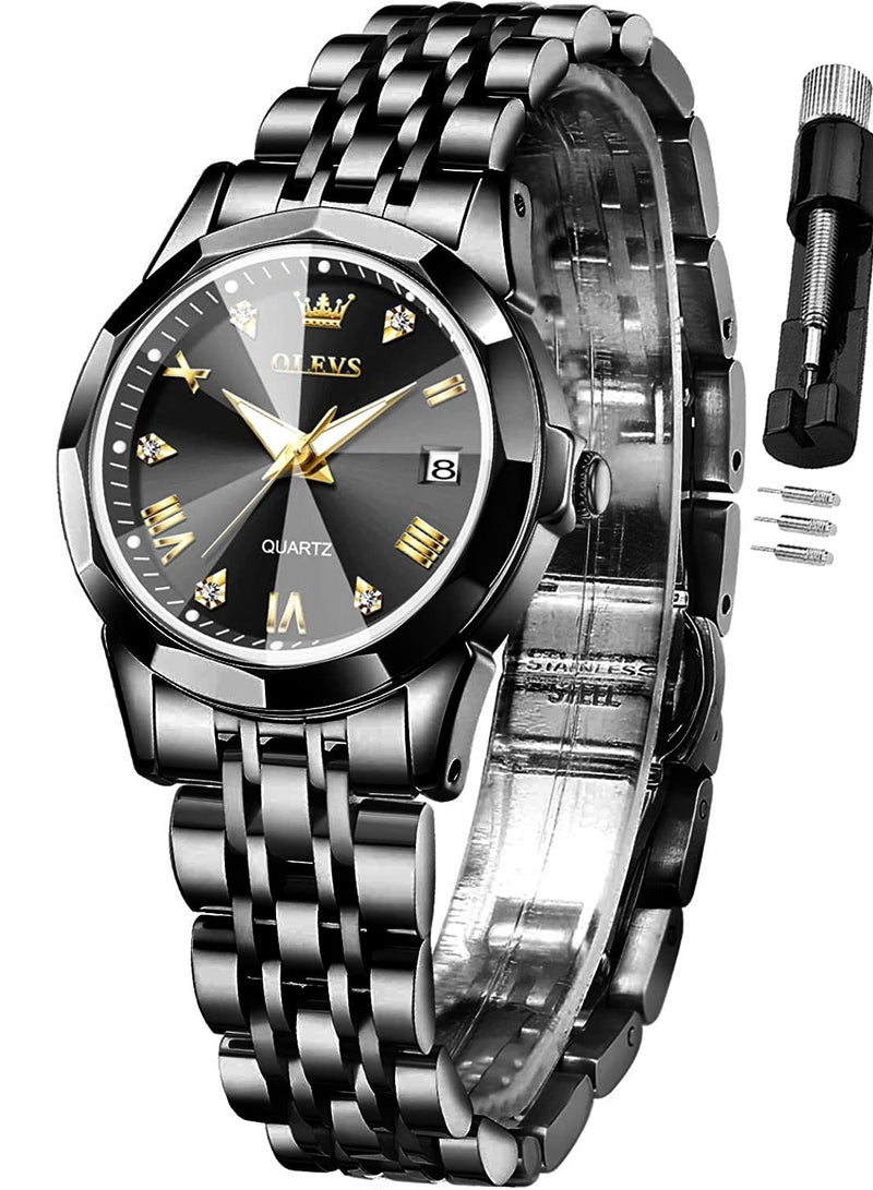أوليفز OLEVS ساعة نسائية موضة فستان الماس ساعة نسائية انالوج كوارتز ستانلس ستيل مقاوم للماء تاريخ مضيء ساعة بلونين - Image 5
