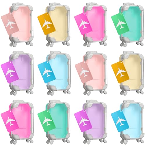 Teecyhooo 12 Pcs Mini Suitcase Party Favor Boxes and 12 Pcs Metal Luggage Tags with Card, Clear Mini Luggage Gift Boxes for Girls Wedding Travel Birthdays (6.69 x 3.74 x 1.97 Inch,Colorful) - Image 1