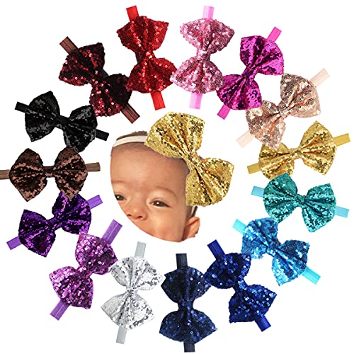 CellElection 15Pcs Baby Girls Headbands 4'' Big Boutique Bling Sparkly Glitter Sequin Hair Bows Headband Elastic Hair Bands Hair Accessories for Toddlers Infants Newborns - Image 1