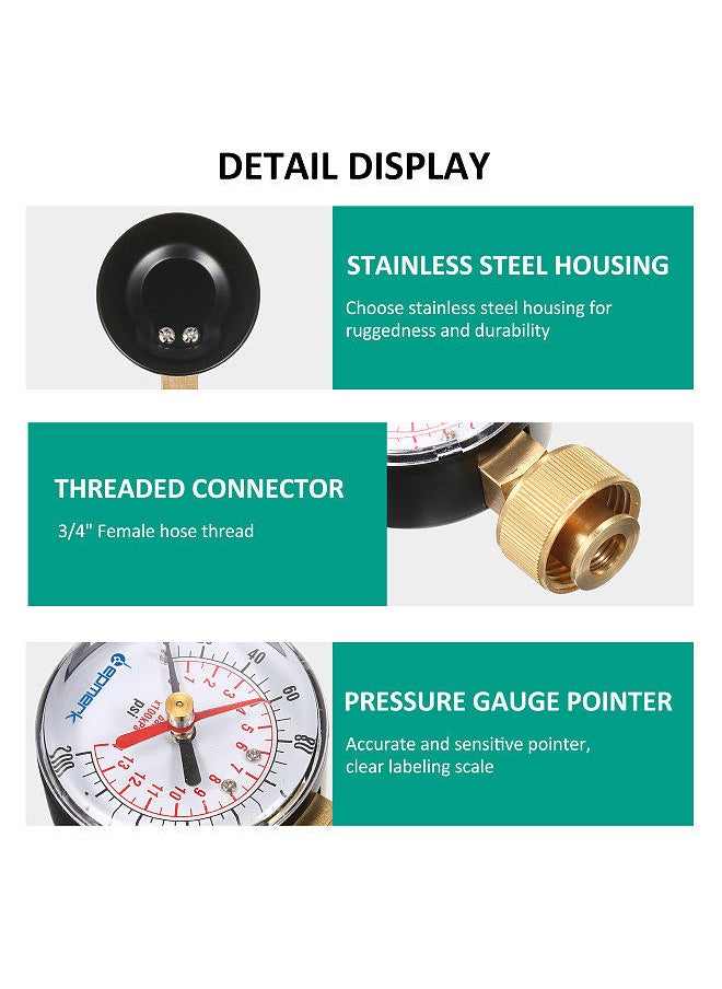 Lepmerk - 2- 1/2'' Pressure Gauge Water Pressure Test Gauge 3/4'' Female Hose Thread 0-200 PSI with Red Pointer - Image 1