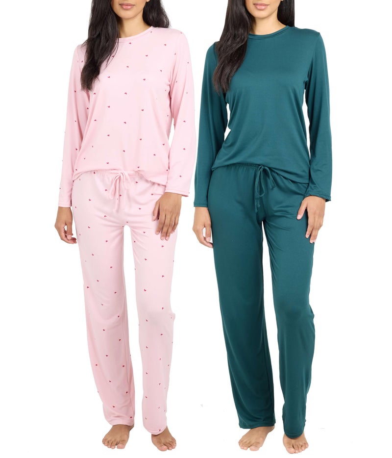 Real Essentials 2 Pack Womens Pajama Set Choose from Short Sleeve with Pocket or Long Sleeve without Pocket