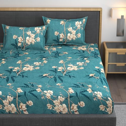 AMEYAA 350 TC Cotton Feel Glace Floral All Around Elastic Premium Super Soft Fitted Bedsheet Single Size With 1 Pillow Cover Fits Up To 6 To 8 Inches,78x48 Kasa Green - Image 1
