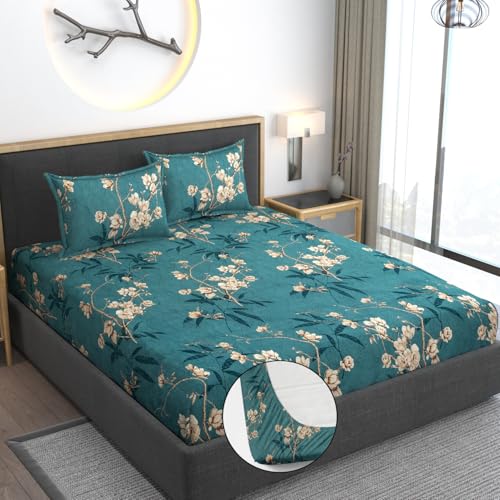 AMEYAA 350 TC Cotton Feel Glace Floral All Around Elastic Premium Super Soft Fitted Bedsheet Single Size With 1 Pillow Cover Fits Up To 6 To 8 Inches,78x48 Kasa Green - Image 2