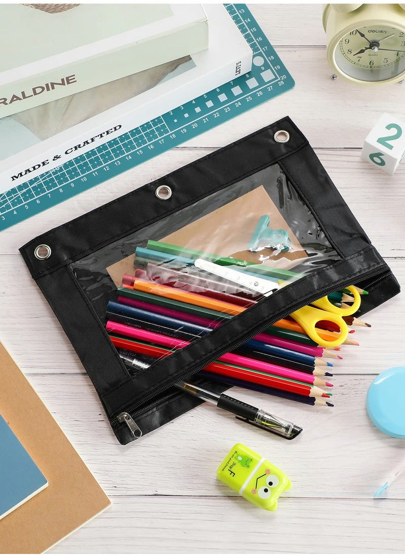 Excefore - Pencil Pouch for 3 Ring Binder, Bulk 10 Pack 3-Holes Zipper Pencil Pouches in black , Sturdy and Durable Cloth Pencil Holder with Clear Window for Office School College Supplies - Image 1