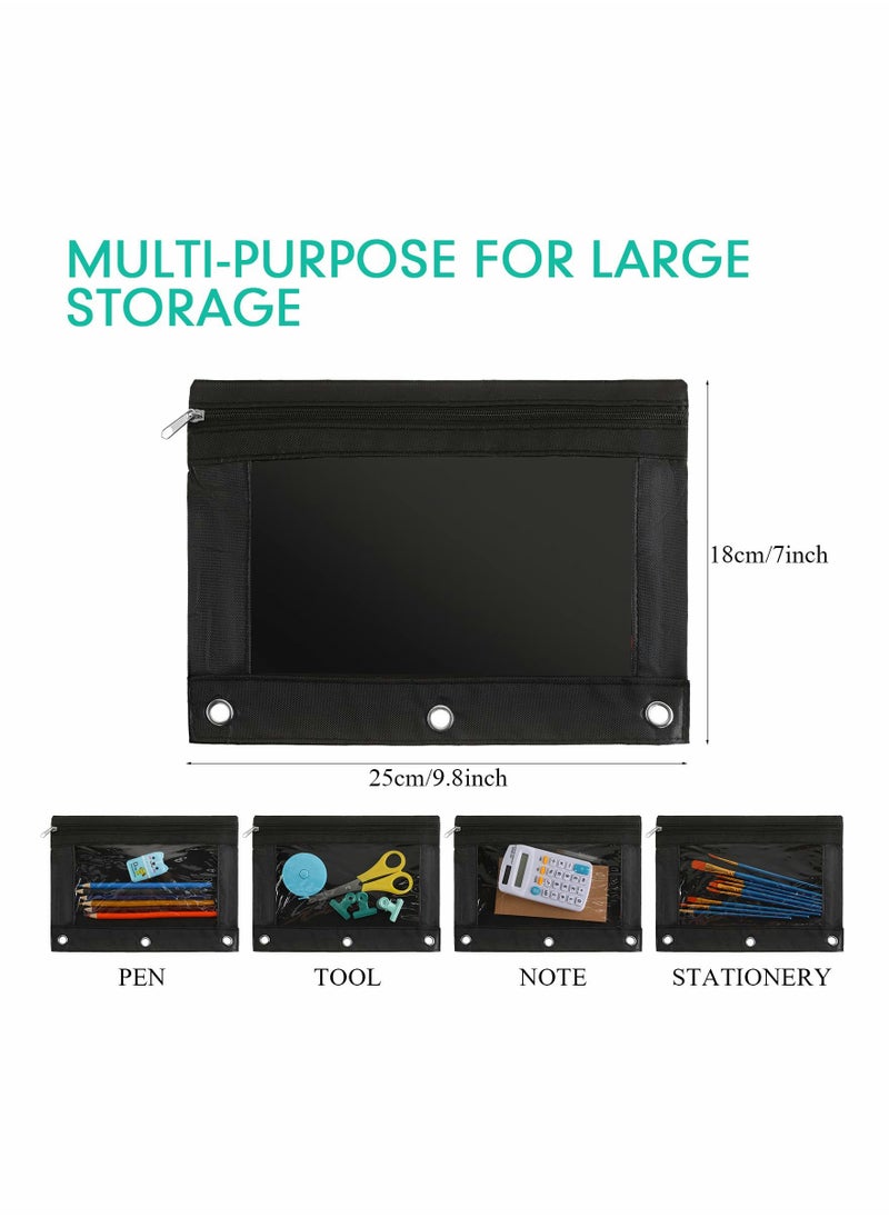 Excefore - Pencil Pouch for 3 Ring Binder, Bulk 10 Pack 3-Holes Zipper Pencil Pouches in black , Sturdy and Durable Cloth Pencil Holder with Clear Window for Office School College Supplies - Image 1