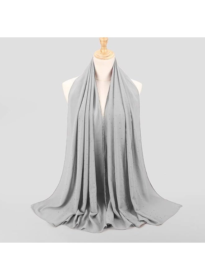 2Pcs Light Grey Rhinestone Pearl Chiffon Hijab Scarf 180x70cm, Sparkling Gold Beaded Trim Muslim Women Head Wrap for Worship Wedding Daily Wear - Image 2