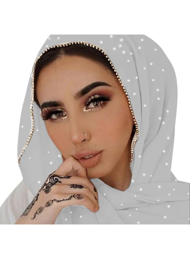 2Pcs Light Grey Rhinestone Pearl Chiffon Hijab Scarf 180x70cm, Sparkling Gold Beaded Trim Muslim Women Head Wrap for Worship Wedding Daily Wear - Image 1