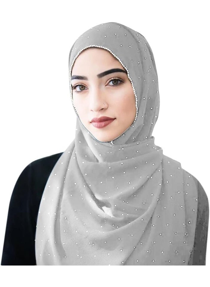 2Pcs Light Grey Rhinestone Pearl Chiffon Hijab Scarf 180x70cm, Sparkling Gold Beaded Trim Muslim Women Head Wrap for Worship Wedding Daily Wear - Image 3