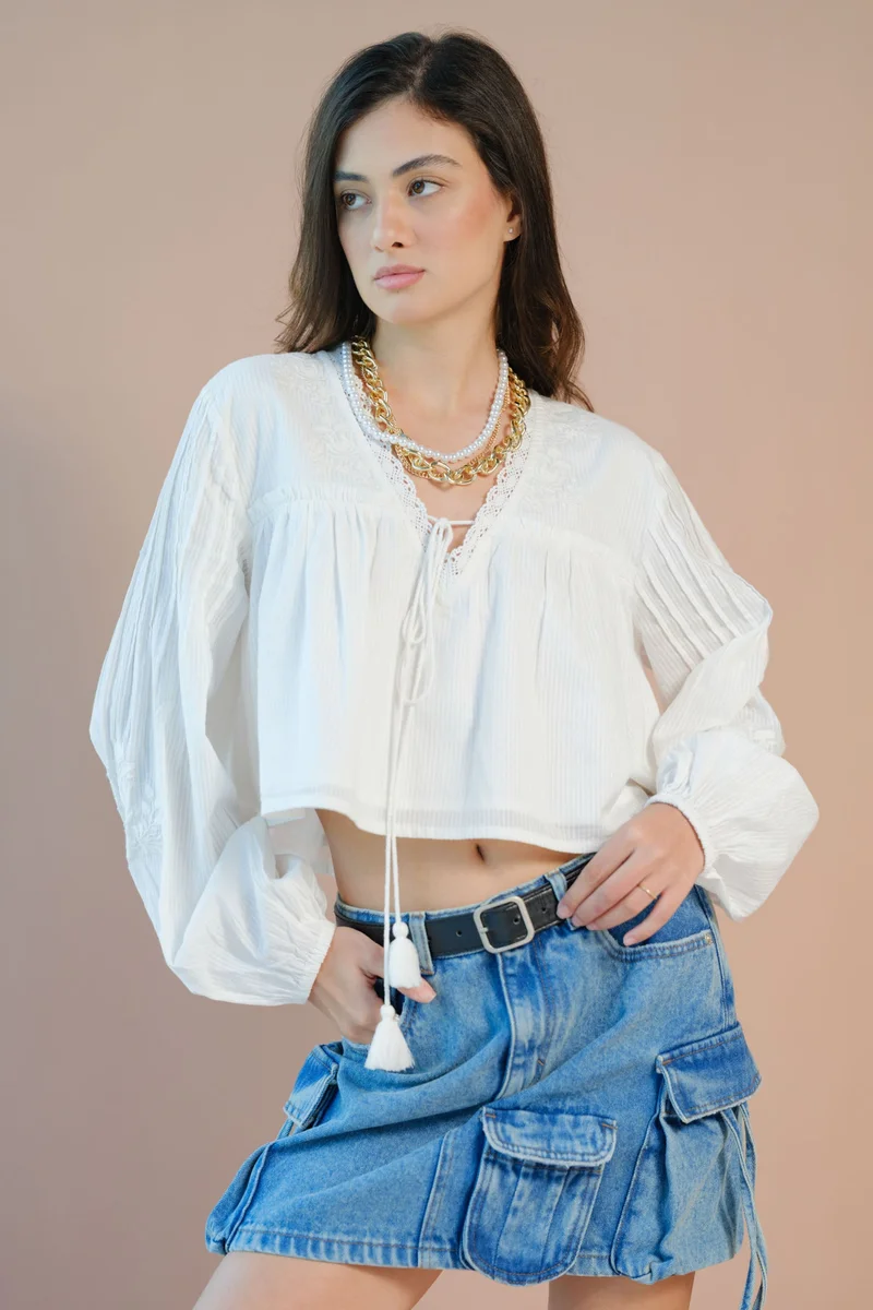 فيرجيو Ethnic Motifs Cotton Long Sleeve Tie-Up Top for Women