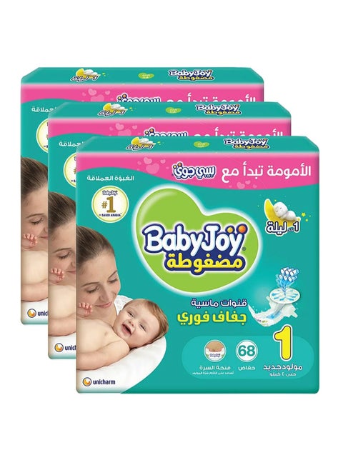 BabyJoy Compressed Diamond Pad Tape Style Diapers, 204 Pieces Total, Size 1 Newborn Pack of 3, Up to 4kg - Sensitive Skin Safe, Waist Stretch, Breathable