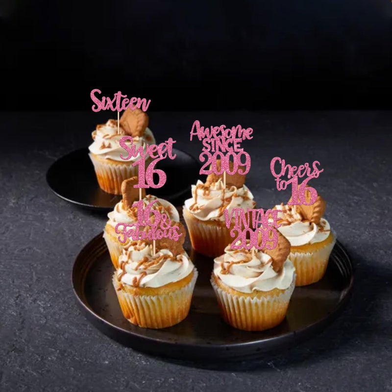 RSSTARXI 24 Pack Sweet 16th Cupcake Toppers Glitter Sixteen 16 Fabulous Vintage 2009 Cupcake Picks for Heaits to 16th Wedding Anniversary Cake Cake Decorations - Image 4