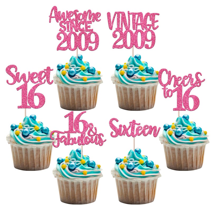RSSTARXI 24 Pack Sweet 16th Cupcake Toppers Glitter Sixteen 16 Fabulous Vintage 2009 Cupcake Picks for Heaits to 16th Wedding Anniversary Cake Cake Decorations - Image 1