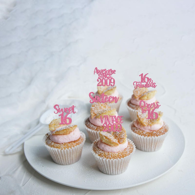 RSSTARXI 24 Pack Sweet 16th Cupcake Toppers Glitter Sixteen 16 Fabulous Vintage 2009 Cupcake Picks for Heaits to 16th Wedding Anniversary Cake Cake Decorations - Image 5