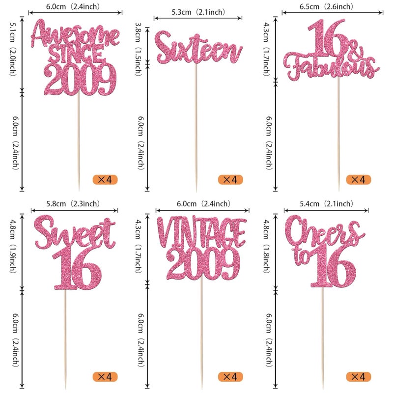 RSSTARXI 24 Pack Sweet 16th Cupcake Toppers Glitter Sixteen 16 Fabulous Vintage 2009 Cupcake Picks for Heaits to 16th Wedding Anniversary Cake Cake Decorations - Image 2