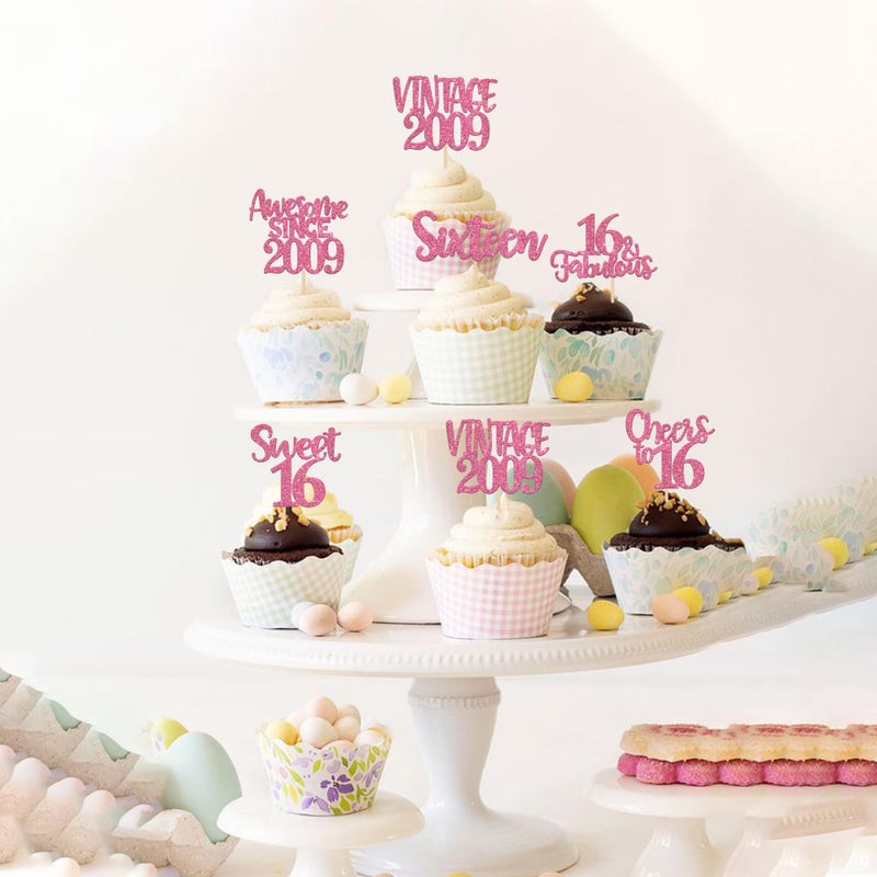 RSSTARXI 24 Pack Sweet 16th Cupcake Toppers Glitter Sixteen 16 Fabulous Vintage 2009 Cupcake Picks for Heaits to 16th Wedding Anniversary Cake Cake Decorations - Image 3