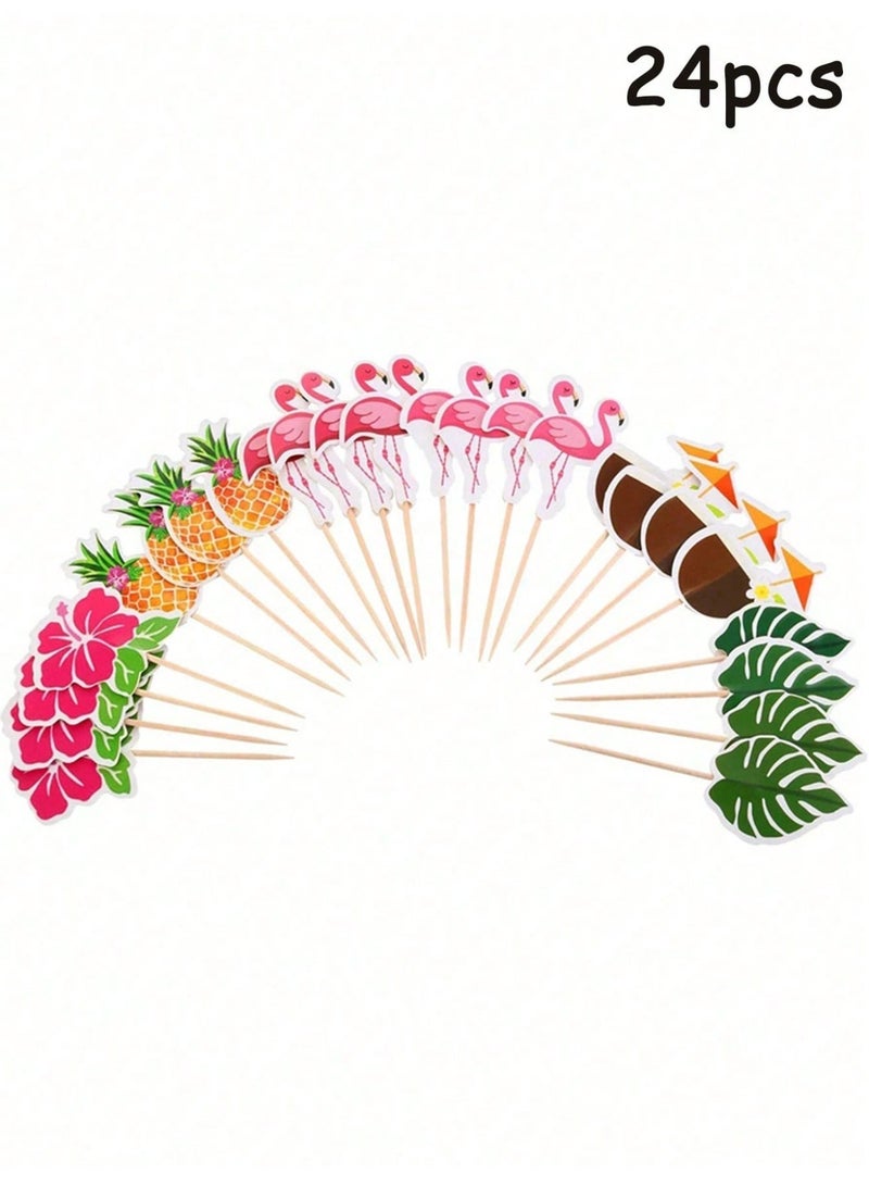 Party Decorations 24 Piece Tropical Cupcake Toppers with Flamingo Pineapple Palm Leaves and Flowers for Summer Beach Hawaiian Birthday Party Desserts - Image 3