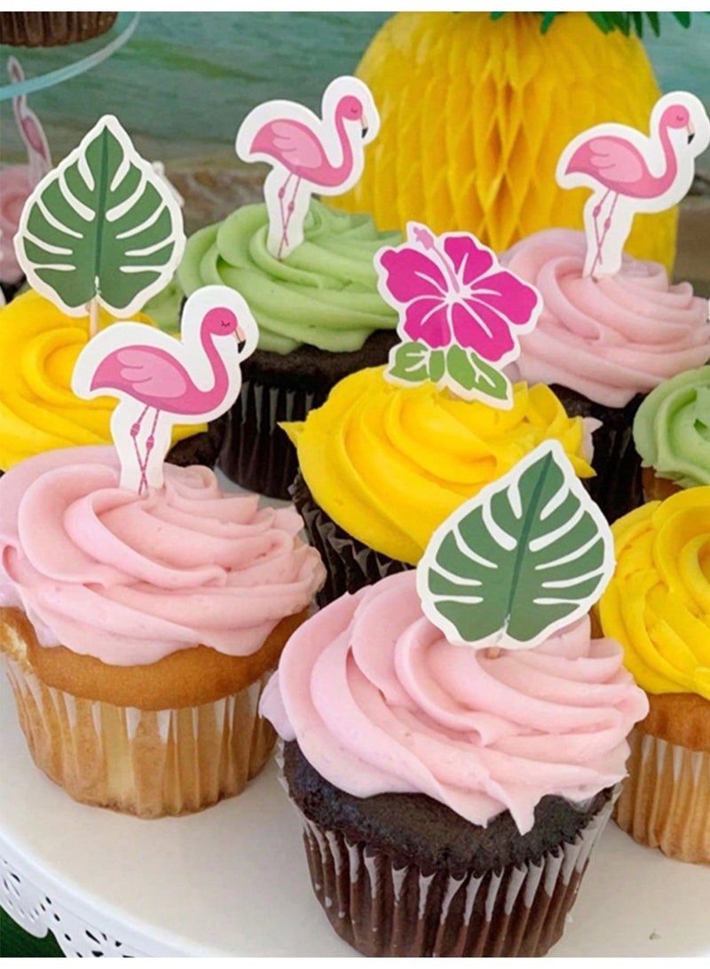 Party Decorations 24 Piece Tropical Cupcake Toppers with Flamingo Pineapple Palm Leaves and Flowers for Summer Beach Hawaiian Birthday Party Desserts - Image 4
