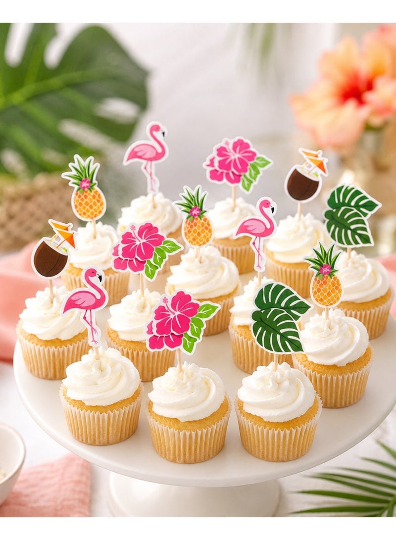Party Decorations 24 Piece Tropical Cupcake Toppers with Flamingo Pineapple Palm Leaves and Flowers for Summer Beach Hawaiian Birthday Party Desserts - Image 1