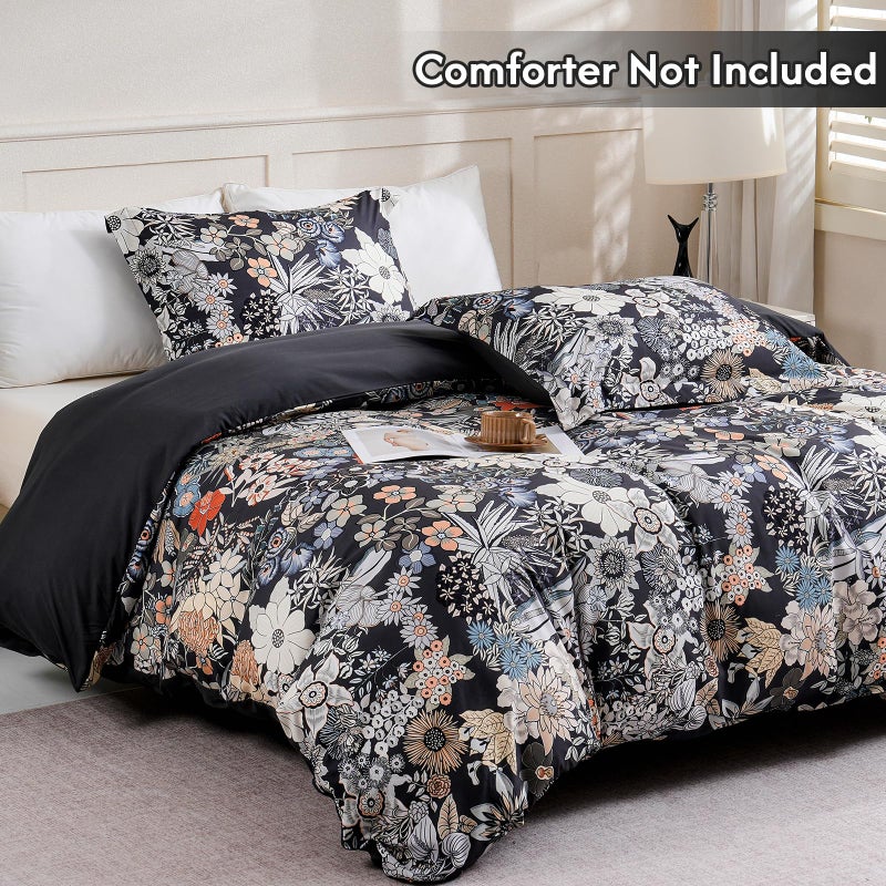 LONAVA King Flower 3 Pcs Duvet Cover Set, Breathable Soft Microfiber Black Lining Comforter Cover with Zipper Closure, and 2 Anti-Pilling, Fade Resistant Pillowcases, Midnight Blossoms - Image 1
