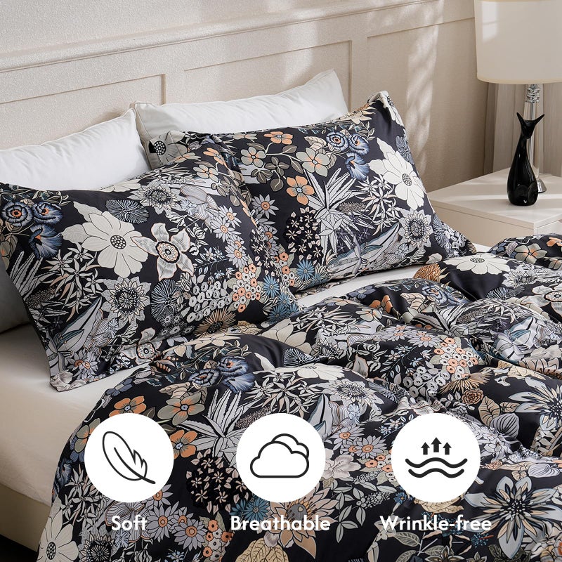 LONAVA King Flower 3 Pcs Duvet Cover Set, Breathable Soft Microfiber Black Lining Comforter Cover with Zipper Closure, and 2 Anti-Pilling, Fade Resistant Pillowcases, Midnight Blossoms - Image 2