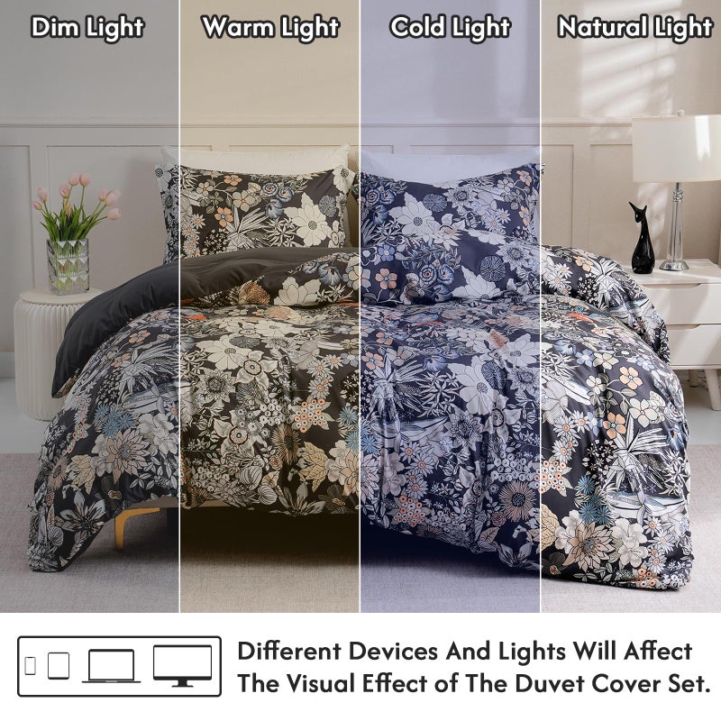 LONAVA King Flower 3 Pcs Duvet Cover Set, Breathable Soft Microfiber Black Lining Comforter Cover with Zipper Closure, and 2 Anti-Pilling, Fade Resistant Pillowcases, Midnight Blossoms - Image 4