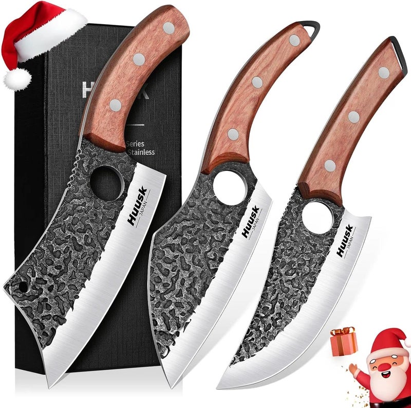 Huusk Butcher Knife Set of 3- Japanese Knife Set for Meat Cutting, Hand Forged Viking Knives Sets with Meat Cleaver, Heavy-Duty Kitchen Knives Sets for Bone BBQ Vegetable, Christmas Gifts for Men - Image 1