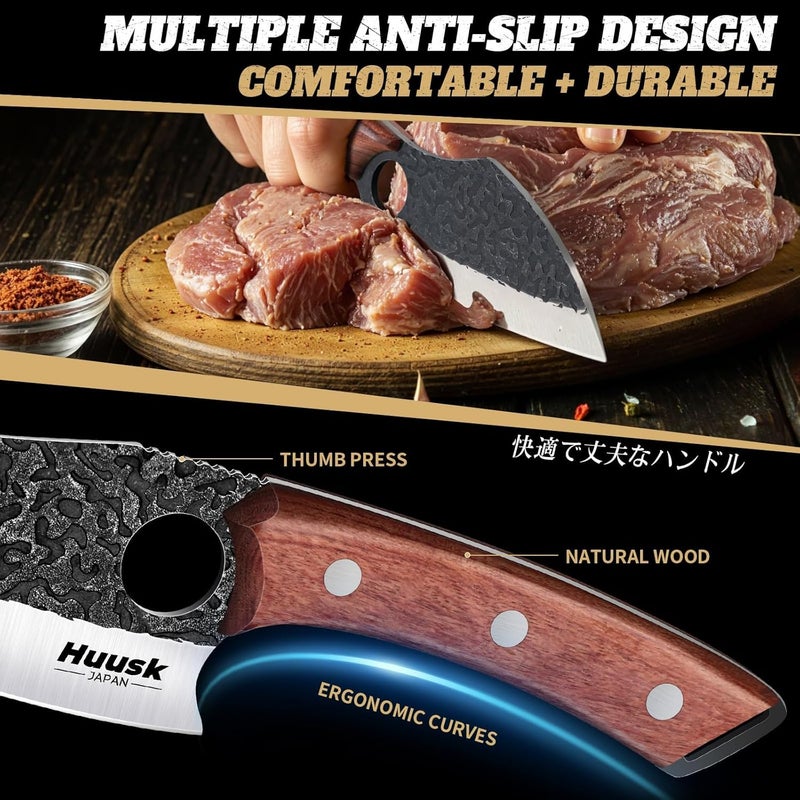 Huusk Butcher Knife Set of 3- Japanese Knife Set for Meat Cutting, Hand Forged Viking Knives Sets with Meat Cleaver, Heavy-Duty Kitchen Knives Sets for Bone BBQ Vegetable, Christmas Gifts for Men - Image 3