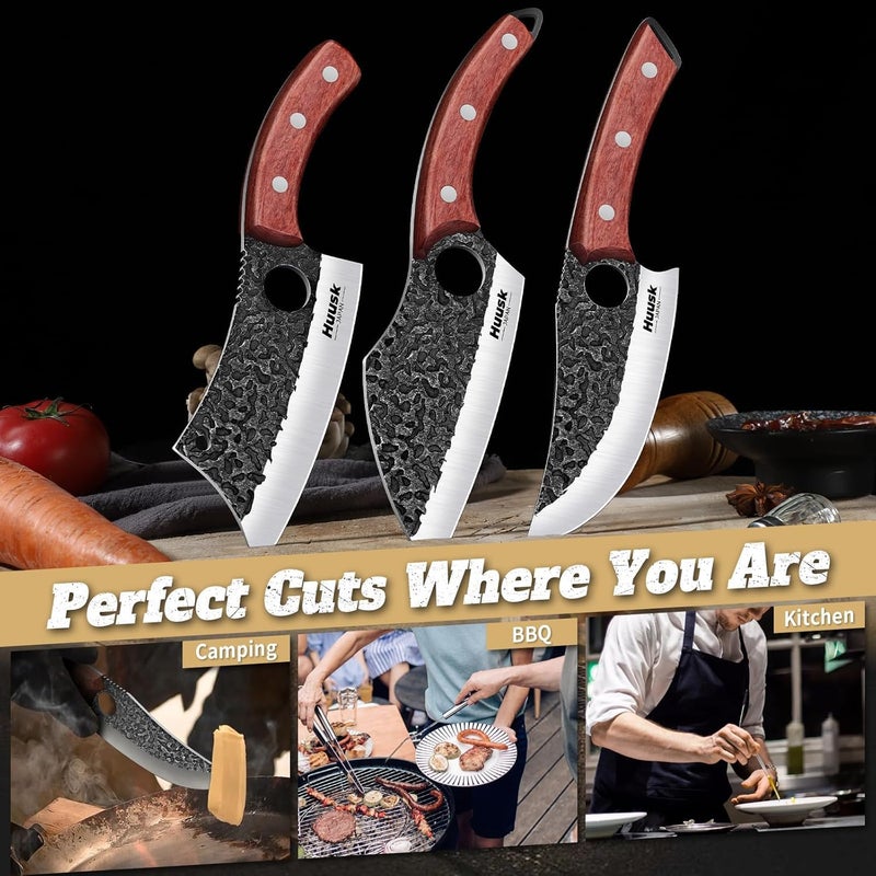 Huusk Butcher Knife Set of 3- Japanese Knife Set for Meat Cutting, Hand Forged Viking Knives Sets with Meat Cleaver, Heavy-Duty Kitchen Knives Sets for Bone BBQ Vegetable, Christmas Gifts for Men - Image 5