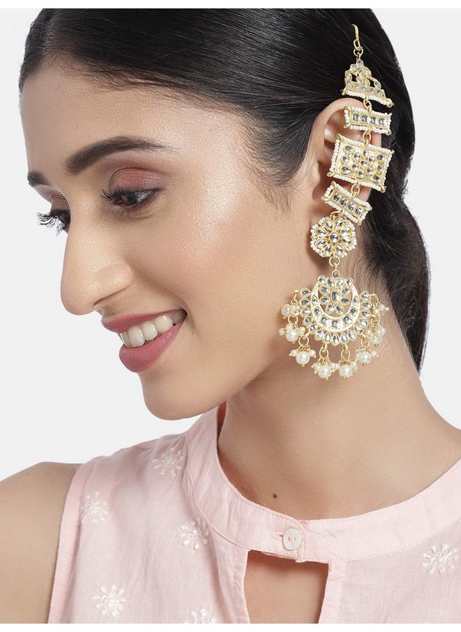 I Jewels I Jewels 18K Gold Plated Zinc Alloy Matte Finish Kundan and Pearl Work Chandbali Earrings for Women (White -1)  - Image 5