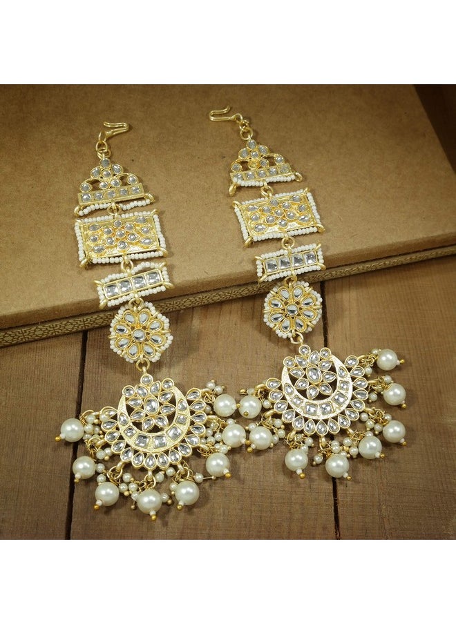 I Jewels I Jewels 18K Gold Plated Zinc Alloy Matte Finish Kundan and Pearl Work Chandbali Earrings for Women (White -1)  - Image 4